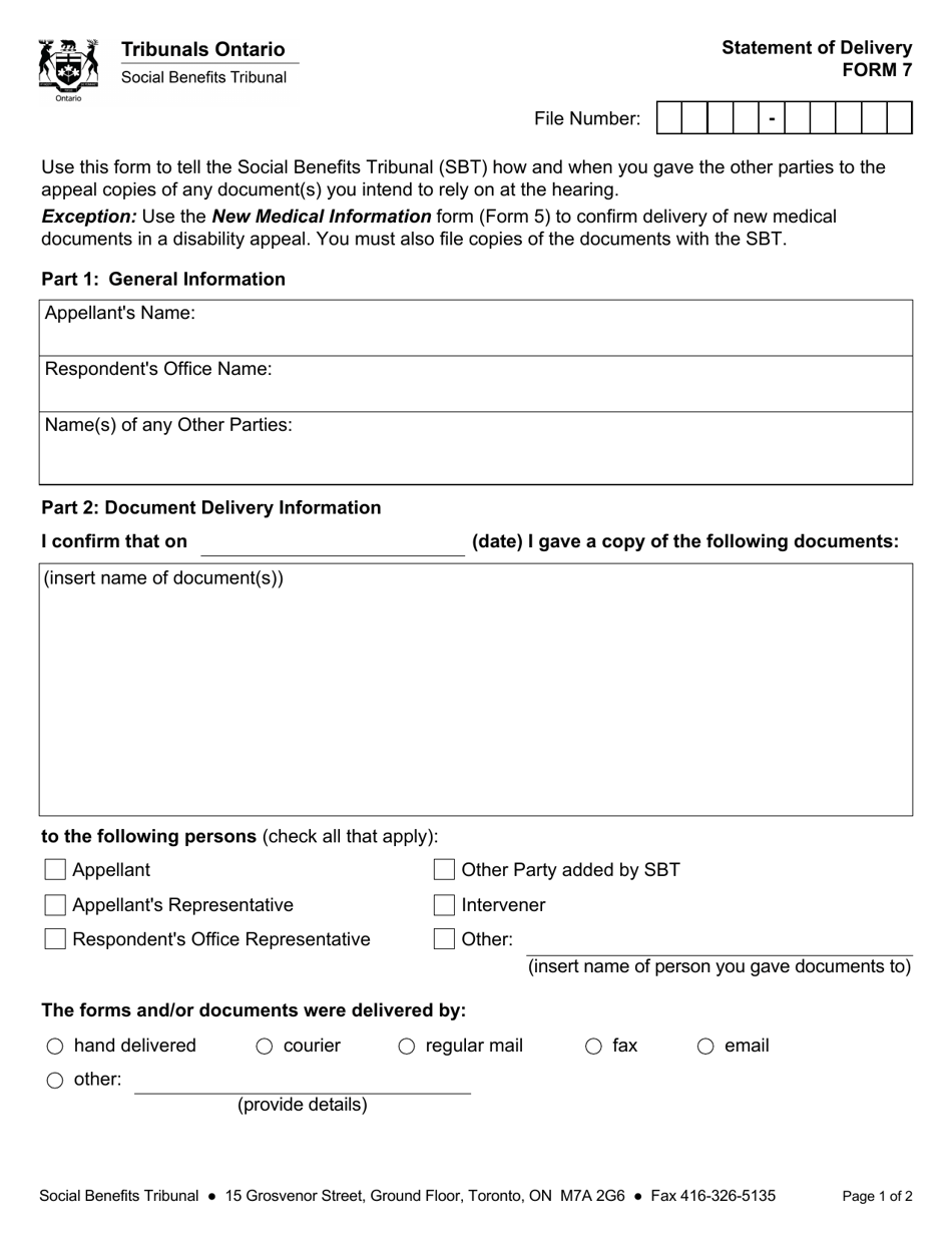 Form 7 Statement of Delivery - Ontario, Canada, Page 1