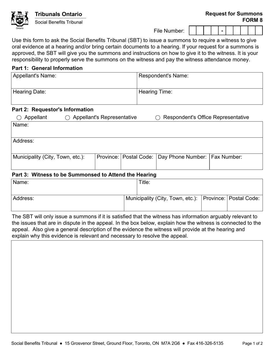 Form 8 Request for Summons - Ontario, Canada, Page 1