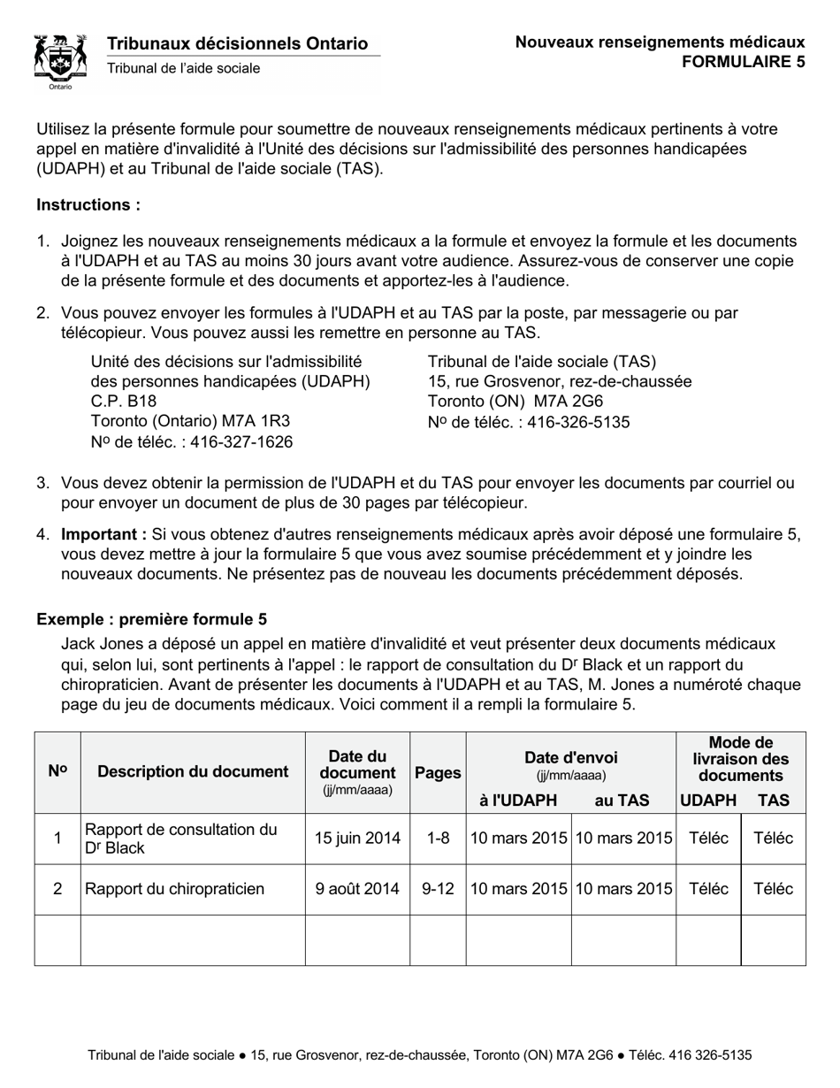 Forme 5 Nouveaux Renseignements Medicaux - Ontario, Canada (French), Page 1