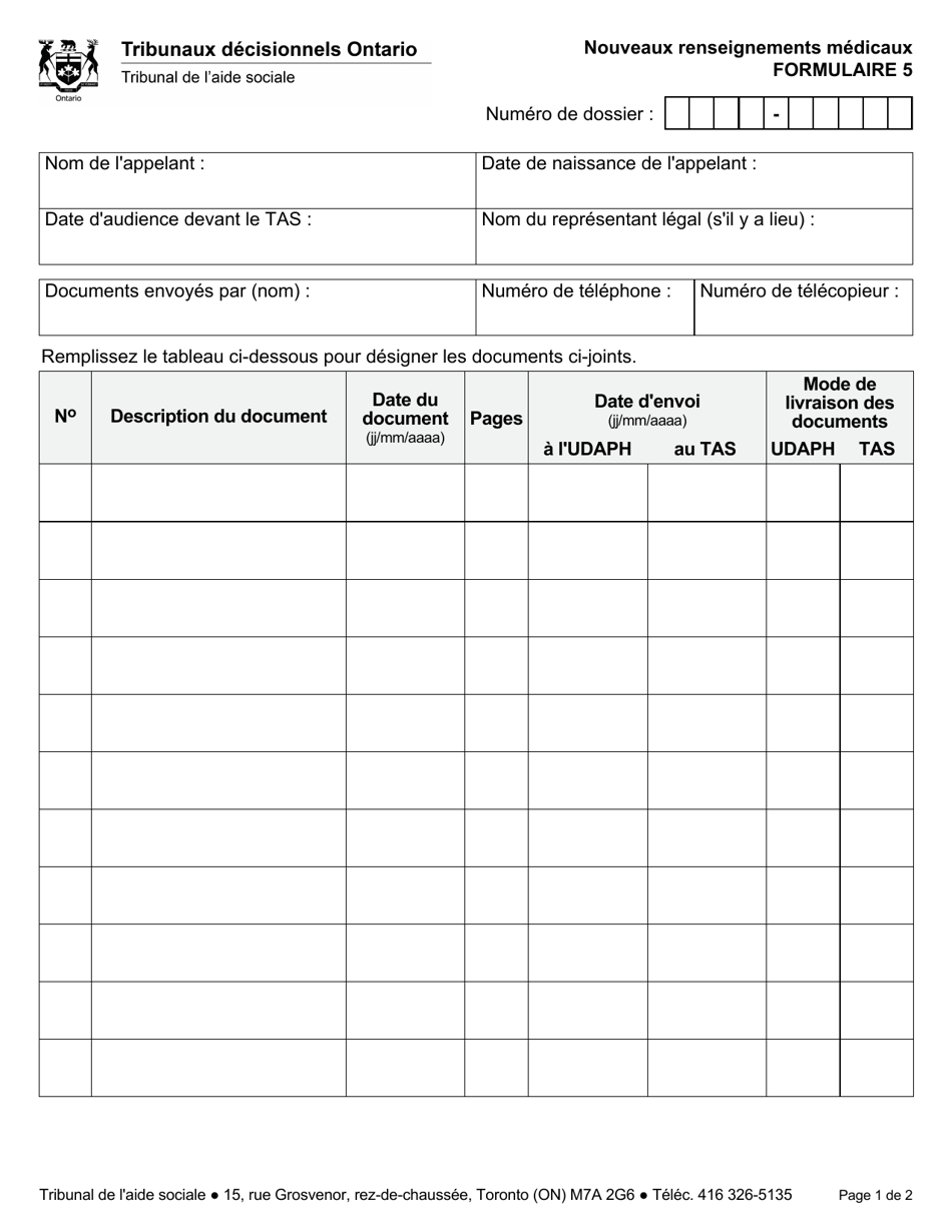 Forme 5 Nouveaux Renseignements Medicaux - Ontario, Canada (French), Page 3