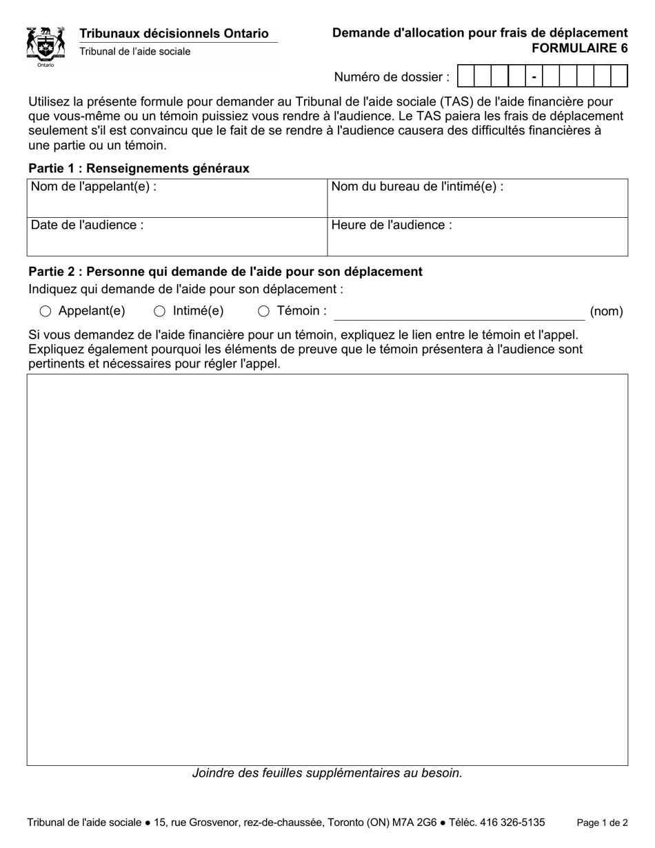 Forme 6 Demande Dallocation Pour Frais De Deplacement - Ontario, Canada (French), Page 1
