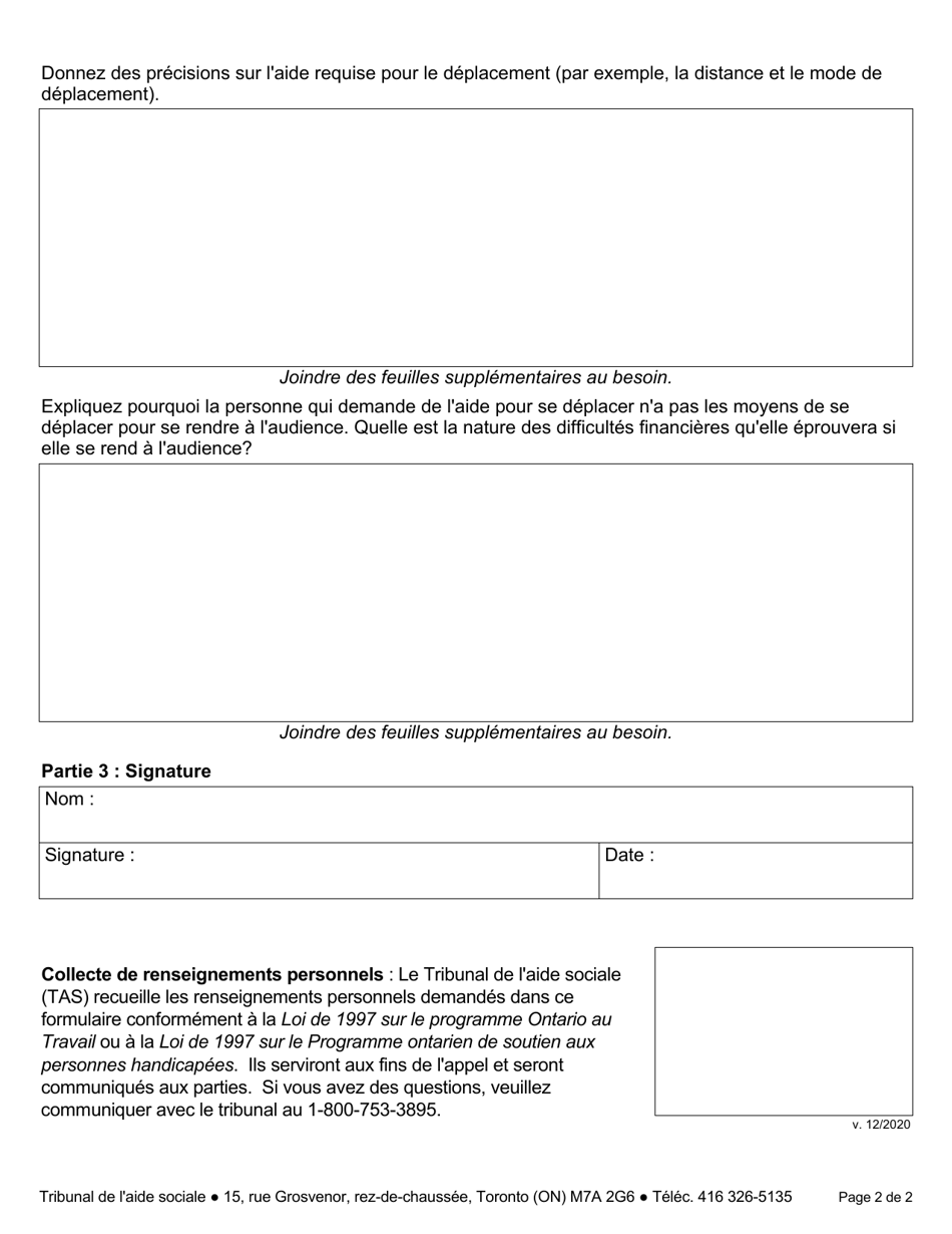 Forme 6 Demande Dallocation Pour Frais De Deplacement - Ontario, Canada (French), Page 2