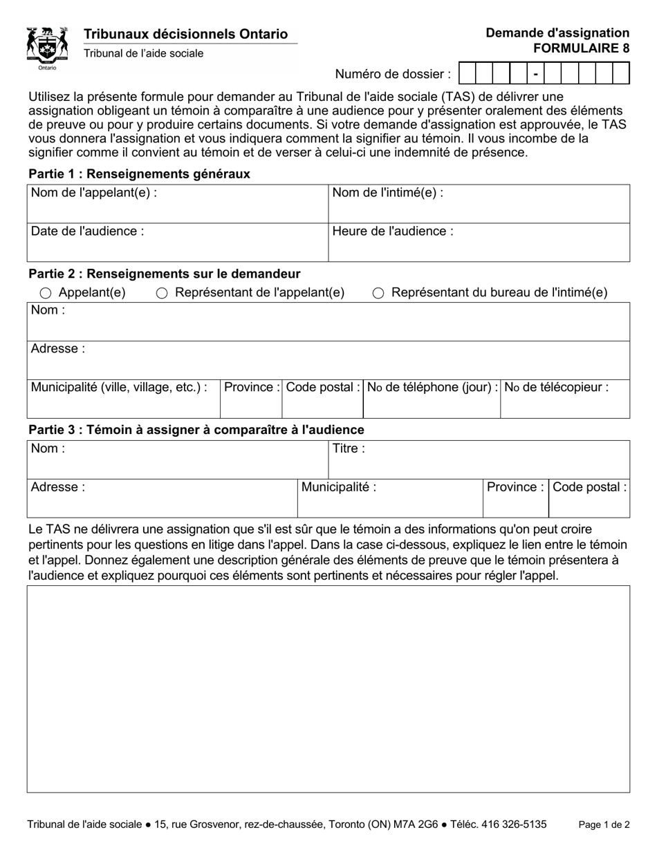 Forme 8 Demande Dassignation - Ontario, Canada (French), Page 1