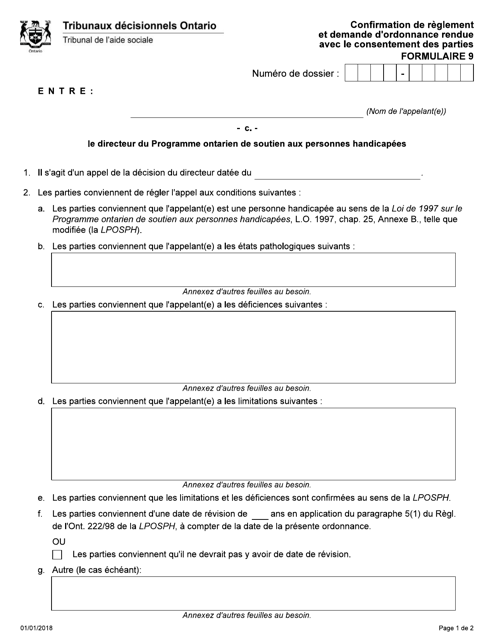 Forme 9 Confirmation De Reglement Et Demande D'ordonnance Rendue Avec Le Consentement DES Parties - Ontario, Canada (French)