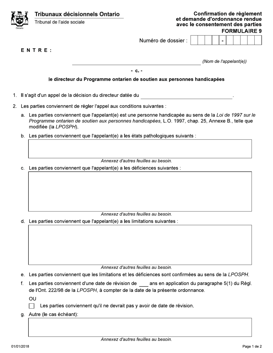 Forme 9 Confirmation De Reglement Et Demande Dordonnance Rendue Avec Le Consentement DES Parties - Ontario, Canada (French), Page 1