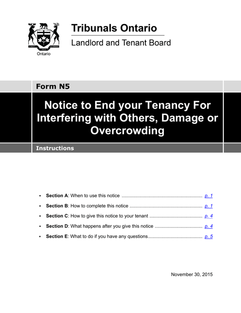 Instructions for Form N5 Notice to End Your Tenancy for Interfering With Others, Damage or Overcrowding - Ontario, Canada