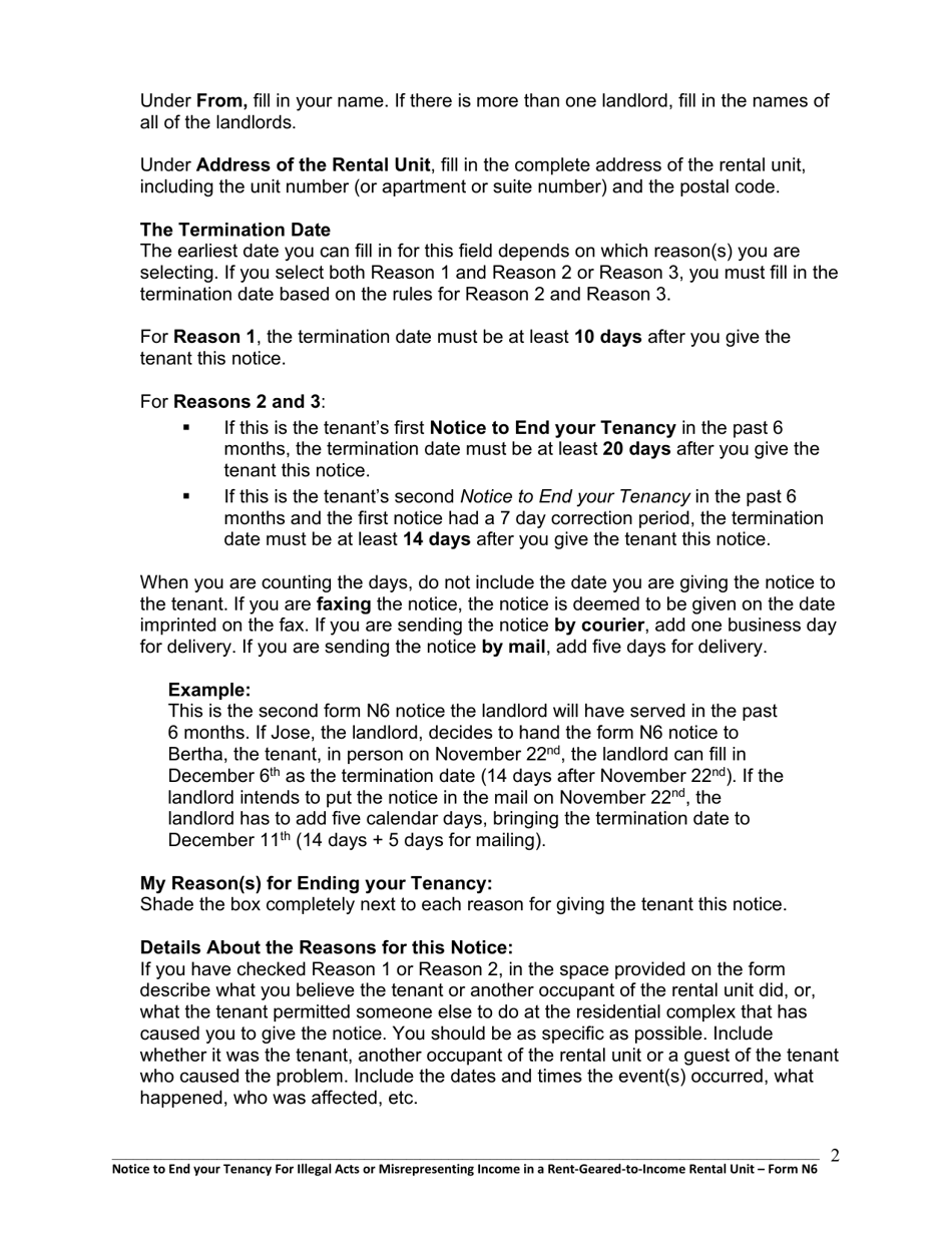 Instructions for Form N6 Notice to End Your Tenancy for Illegal Acts or Misrepresenting Income in a Rent-Geared-To-Income Rental Unit - Ontario, Canada, Page 3