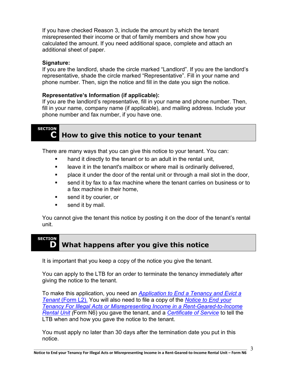 Instructions for Form N6 Notice to End Your Tenancy for Illegal Acts or Misrepresenting Income in a Rent-Geared-To-Income Rental Unit - Ontario, Canada, Page 4