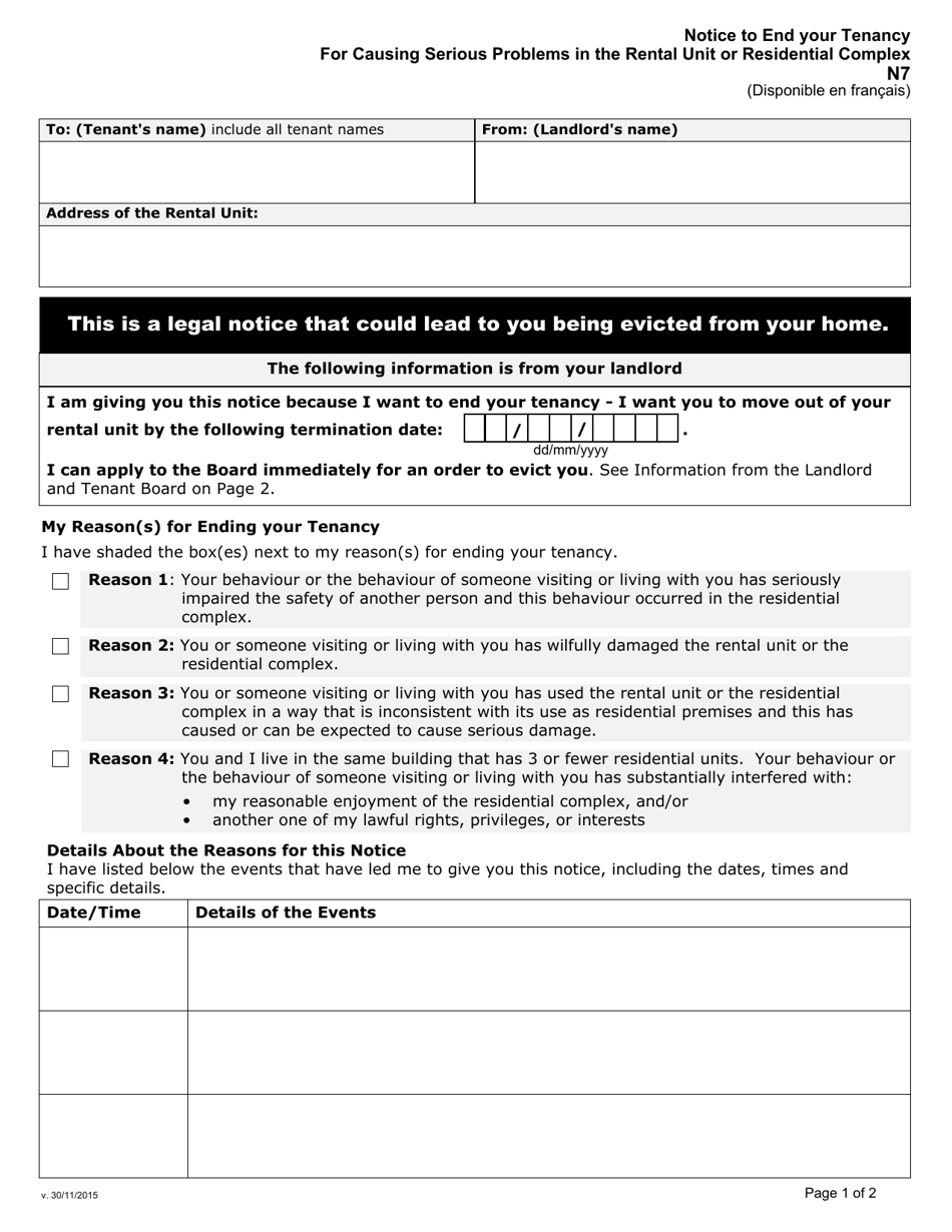 Form N7 Notice to End Your Tenancy for Causing Serious Problems in the Rental Unit or Residential Complex - Ontario, Canada, Page 1