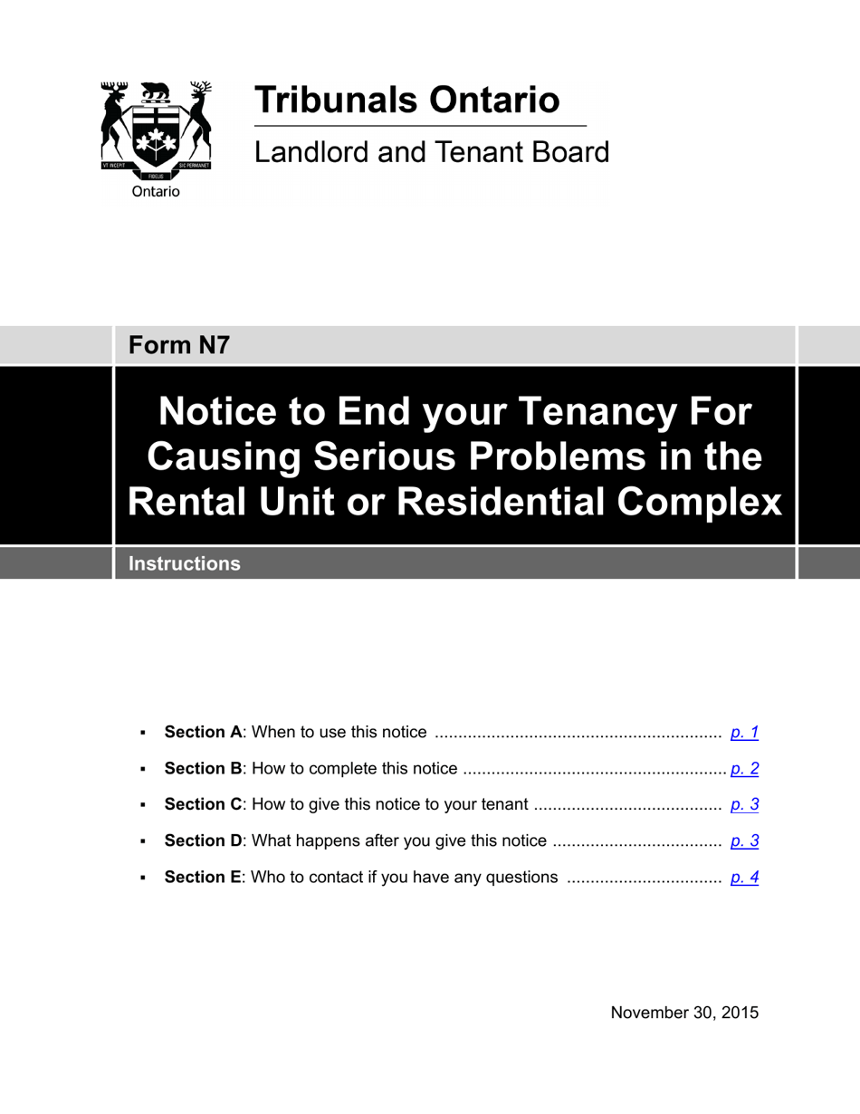 Instructions for Form N7 Notice to End Your Tenancy for Causing Serious Problems in the Rental Unit or Residential Complex - Ontario, Canada, Page 1