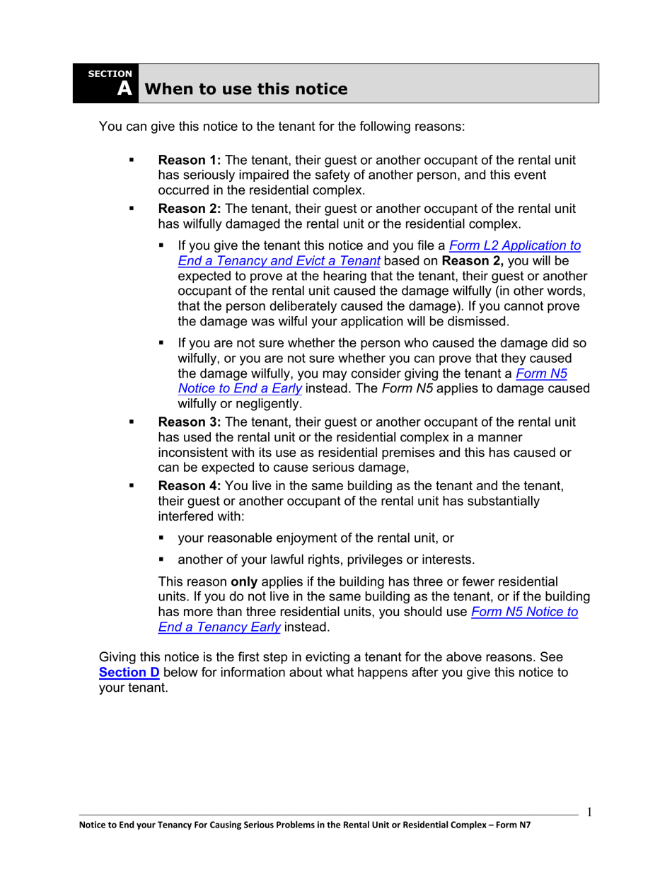 Instructions for Form N7 Notice to End Your Tenancy for Causing Serious Problems in the Rental Unit or Residential Complex - Ontario, Canada, Page 2