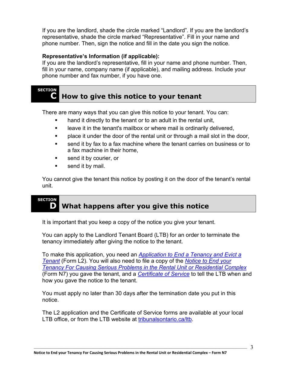 Instructions for Form N7 Notice to End Your Tenancy for Causing Serious Problems in the Rental Unit or Residential Complex - Ontario, Canada, Page 4