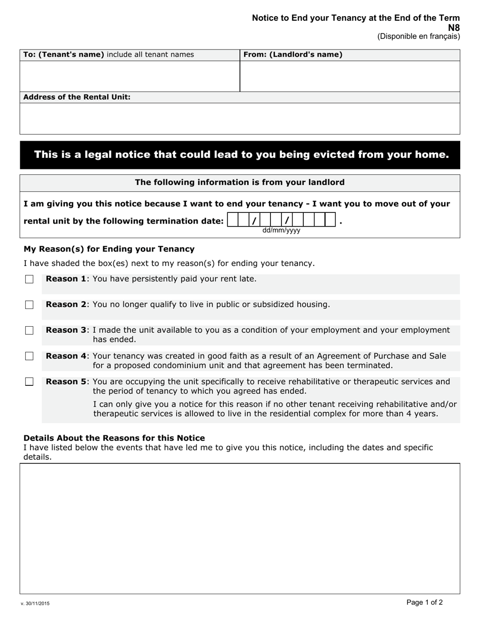 Form N8 Download Fillable PDF Or Fill Online Notice To End Your Tenancy 