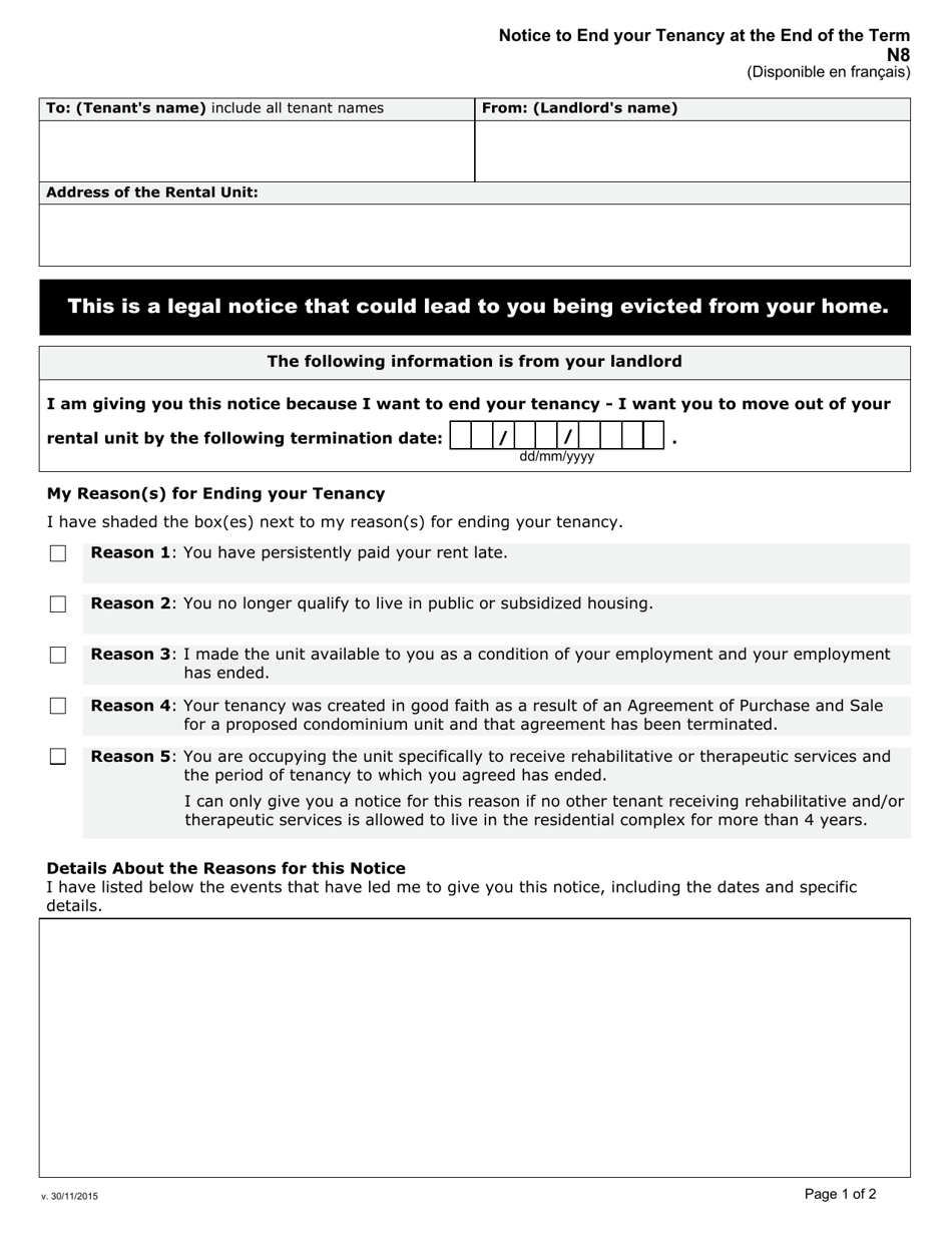 Form N8 Notice to End Your Tenancy at the End of the Term - Ontario, Canada, Page 1