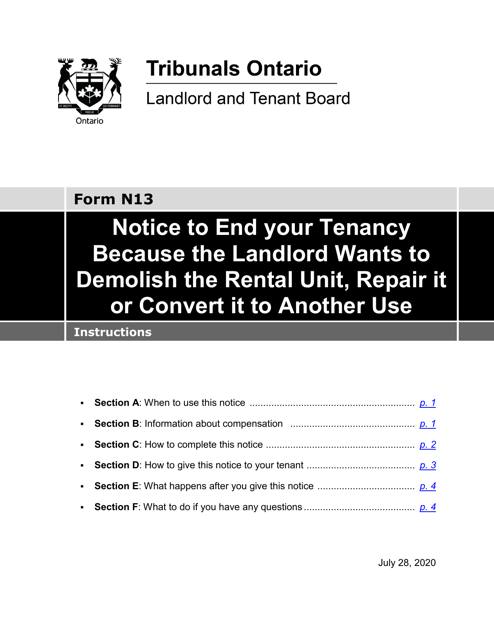 Instructions for Form N13 Notice to End Your Tenancy Because the Landlord Wants to Demolish the Rental Unit, Repair It or Convert It to Another Use - Ontario, Canada
