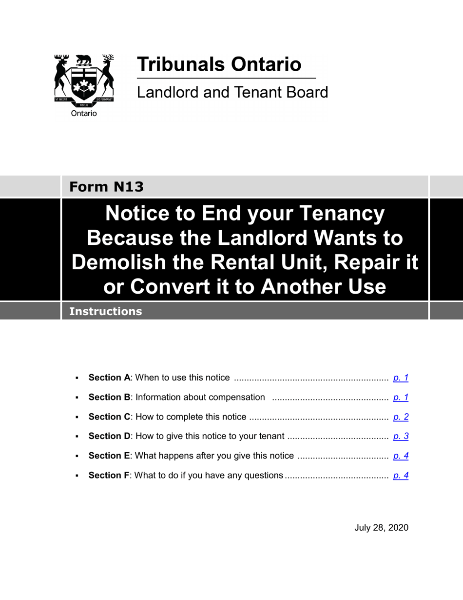 Instructions for Form N13 Notice to End Your Tenancy Because the Landlord Wants to Demolish the Rental Unit, Repair It or Convert It to Another Use - Ontario, Canada, Page 1