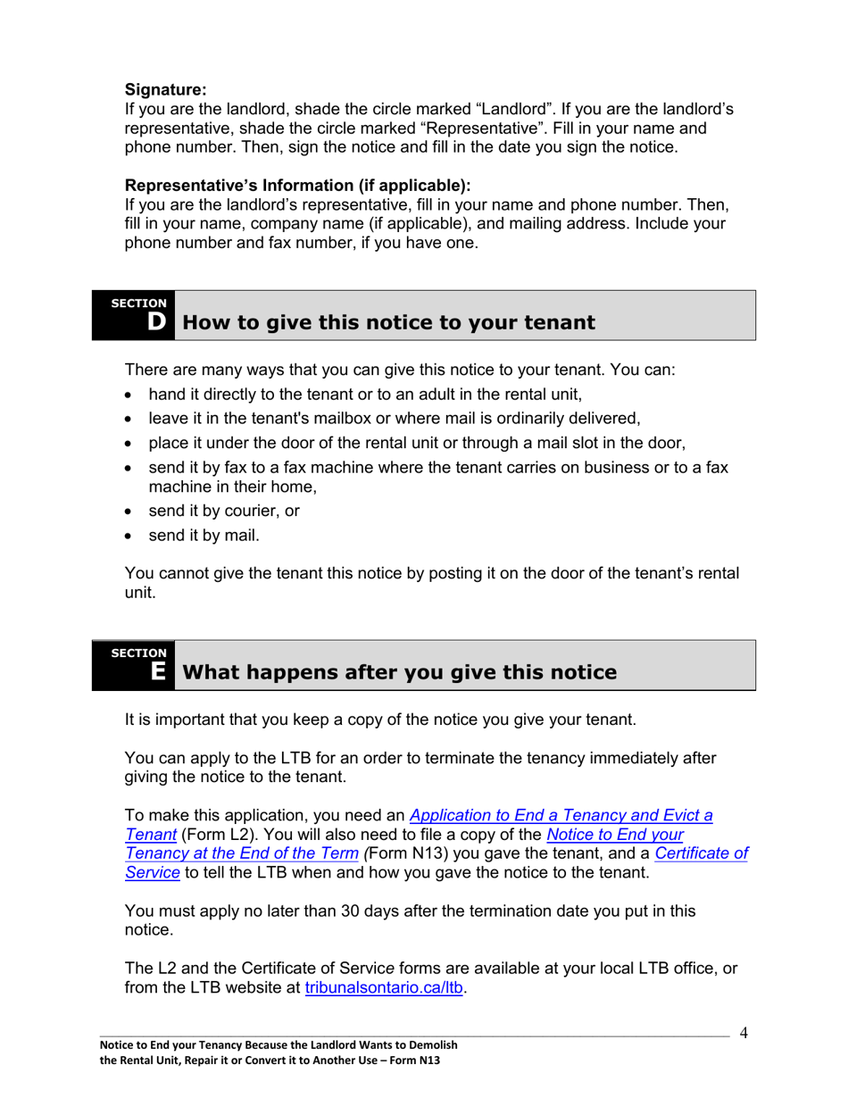 Instructions for Form N13 Notice to End Your Tenancy Because the Landlord Wants to Demolish the Rental Unit, Repair It or Convert It to Another Use - Ontario, Canada, Page 5