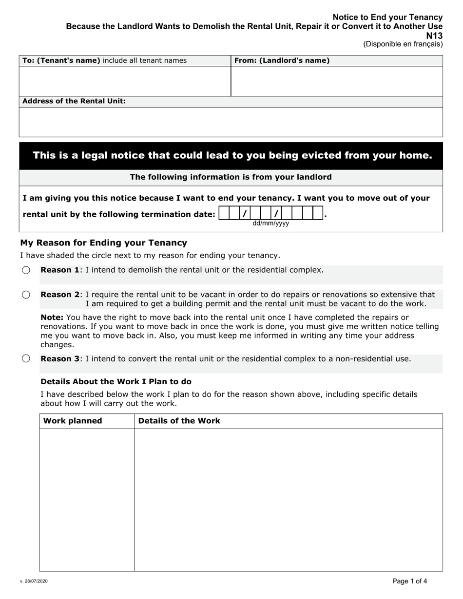 Form N13 Notice to End Your Tenancy Because the Landlord Wants to Demolish the Rental Unit, Repair It or Convert It to Another Use - Ontario, Canada, Page 1