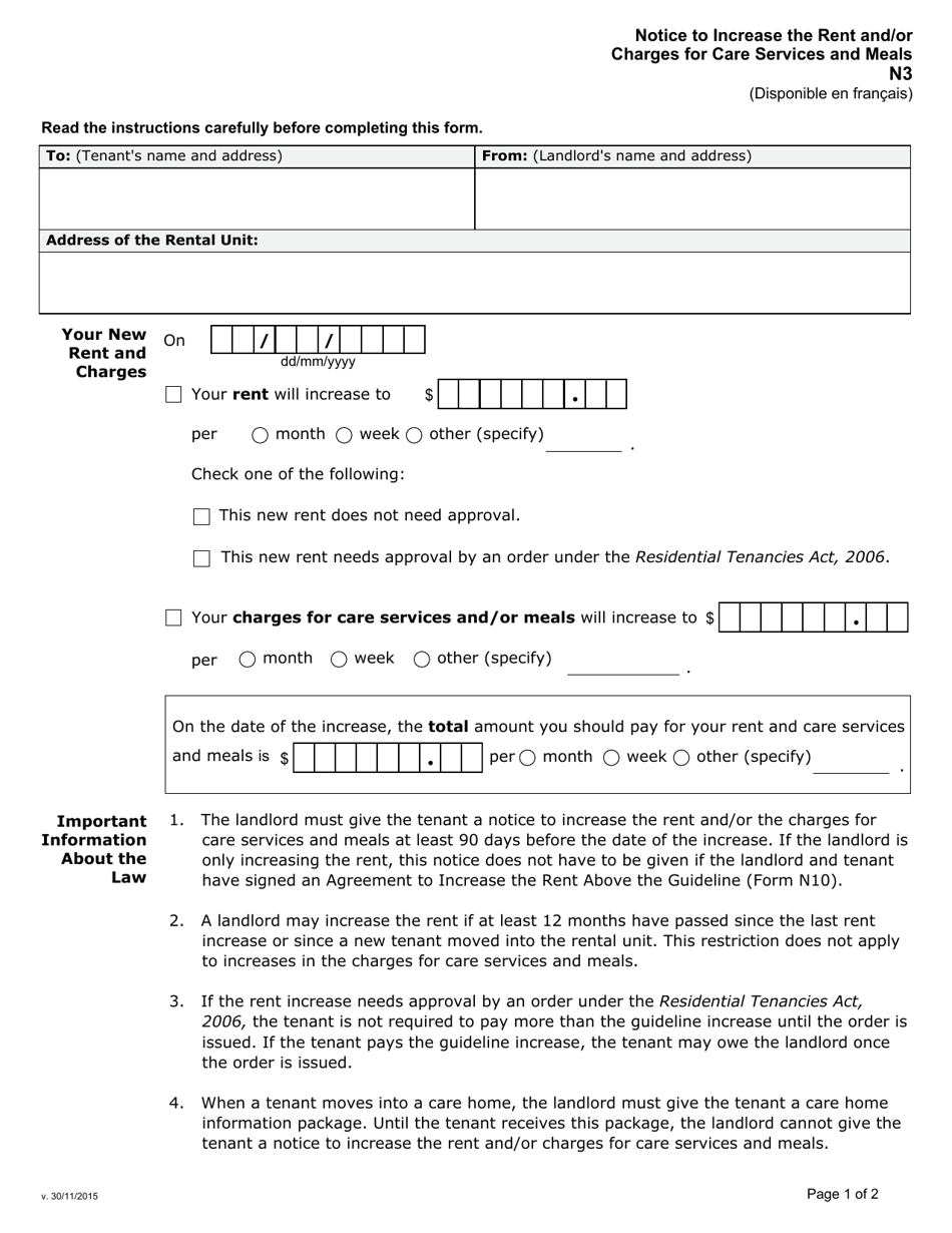 Form N3 Notice to Increase the Rent and / or Charges for Care Services and Meals - Ontario, Canada, Page 1