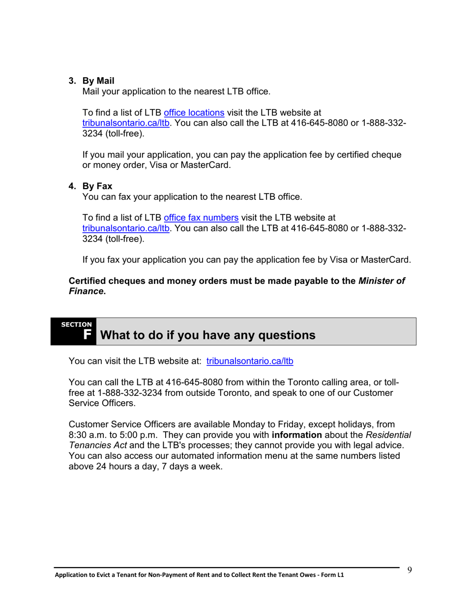 Instructions for Form L1 Application to Evict a Tenant for Non-payment of Rent and to Collect Rent the Tenant Owes - Ontario, Canada, Page 10