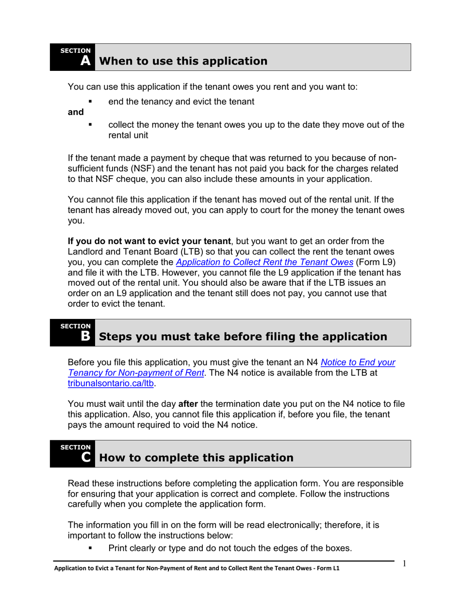 Instructions for Form L1 Application to Evict a Tenant for Non-payment of Rent and to Collect Rent the Tenant Owes - Ontario, Canada, Page 2