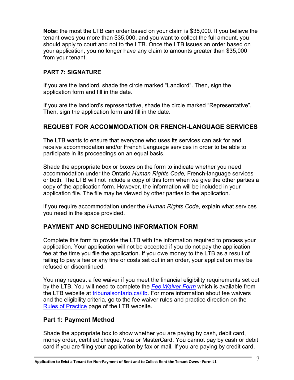 Instructions for Form L1 Application to Evict a Tenant for Non-payment of Rent and to Collect Rent the Tenant Owes - Ontario, Canada, Page 8