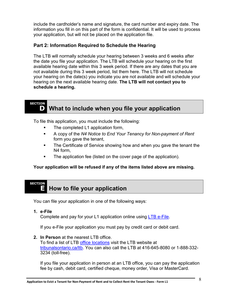 Instructions for Form L1 Application to Evict a Tenant for Non-payment of Rent and to Collect Rent the Tenant Owes - Ontario, Canada, Page 9