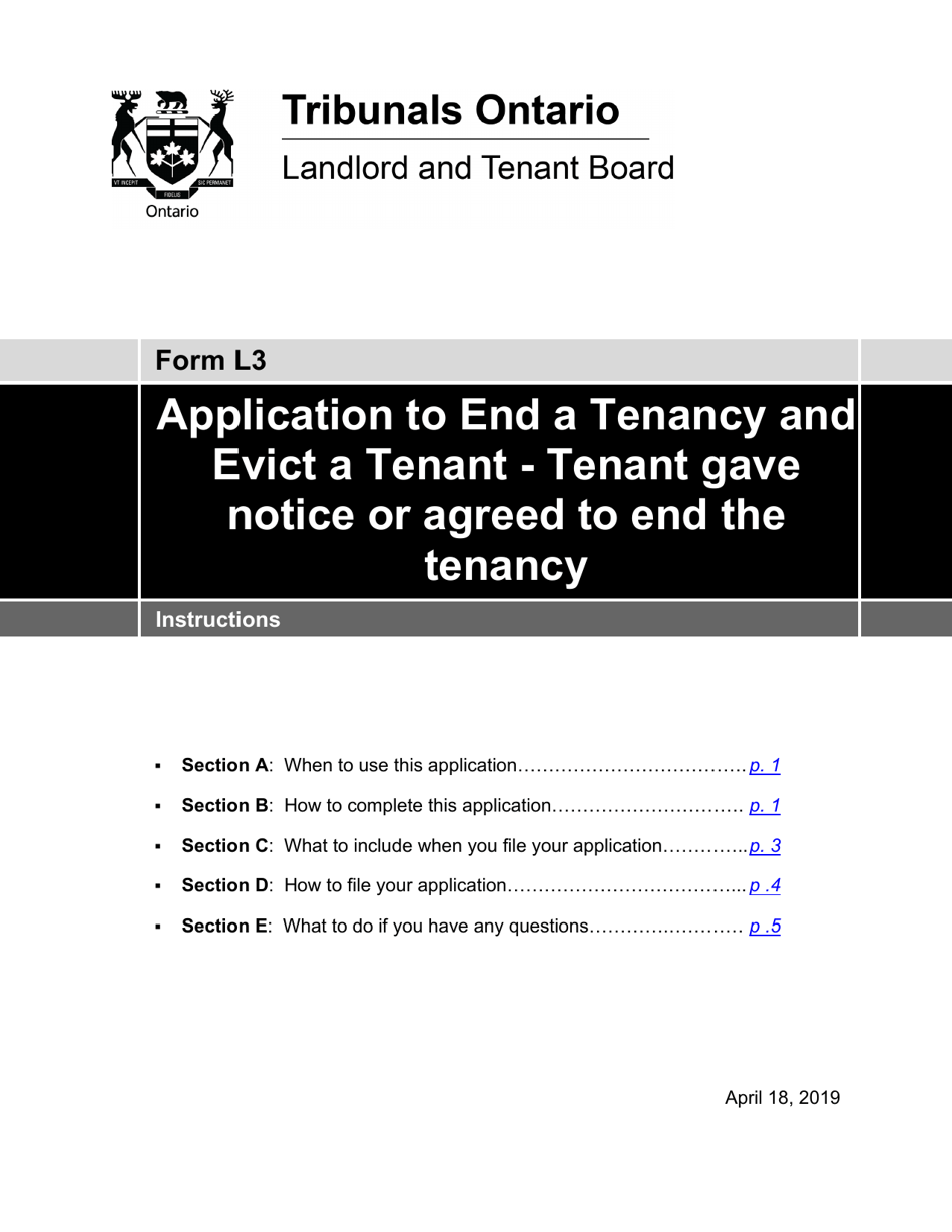Instructions for Form L3 Application to End a Tenancy and Evict a Tenant - Tenant Gave Notice or Agreed to End the Tenancy - Ontario, Canada, Page 1