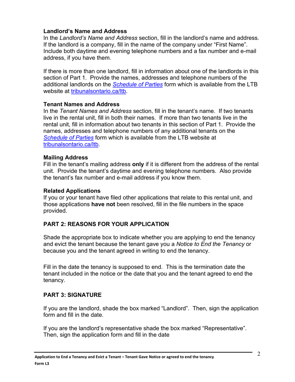 Instructions for Form L3 Application to End a Tenancy and Evict a Tenant - Tenant Gave Notice or Agreed to End the Tenancy - Ontario, Canada, Page 3