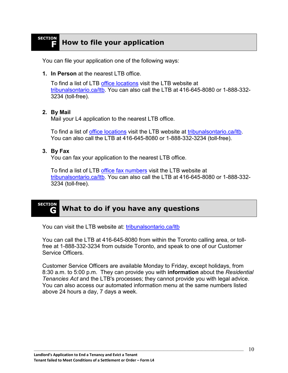 Instructions for Form L4 Landlords Application to End a Tenancy and Evict a Tenant - Tenant Failed to Meet Conditions of a Settlement or Order - Ontario, Canada, Page 11
