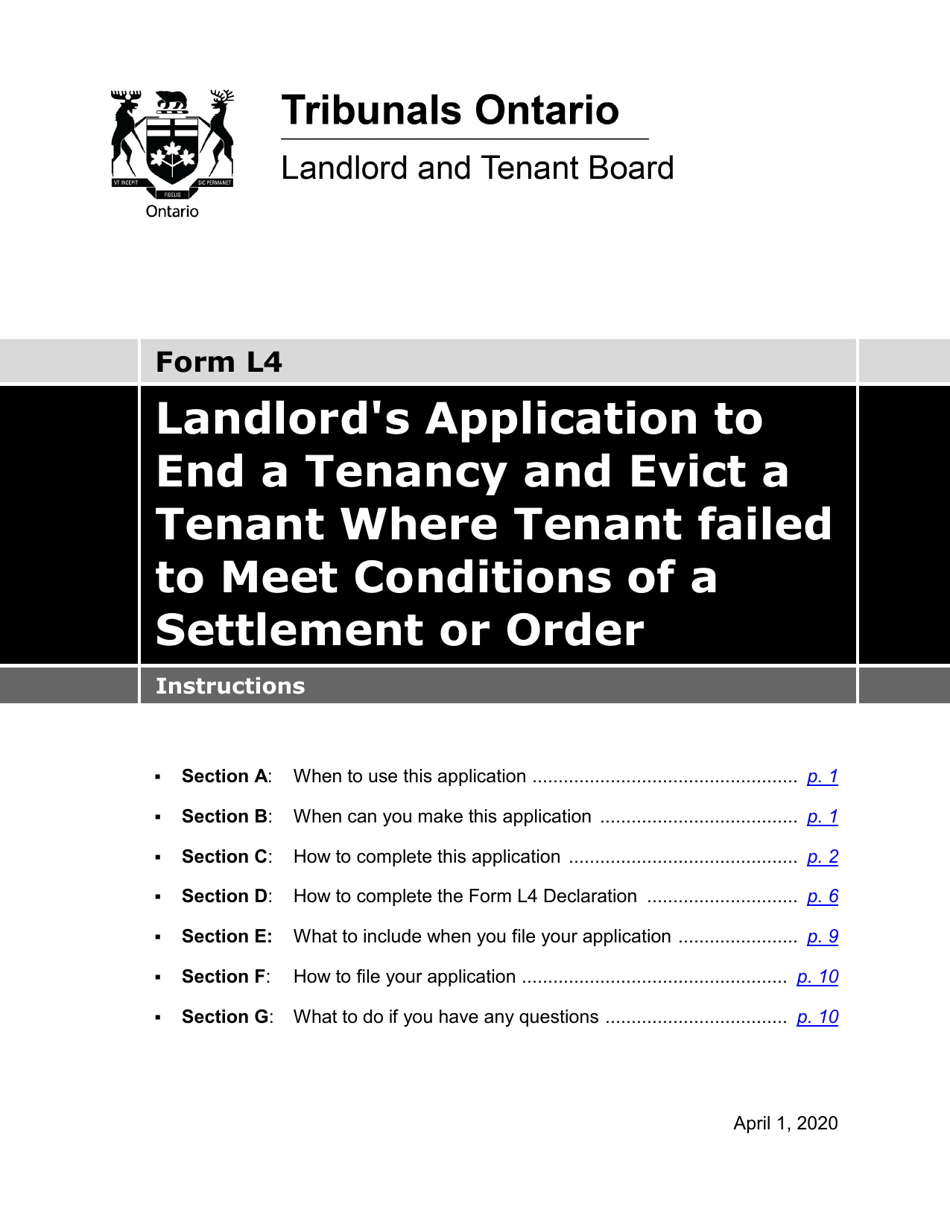 Instructions for Form L4 Landlords Application to End a Tenancy and Evict a Tenant - Tenant Failed to Meet Conditions of a Settlement or Order - Ontario, Canada, Page 1