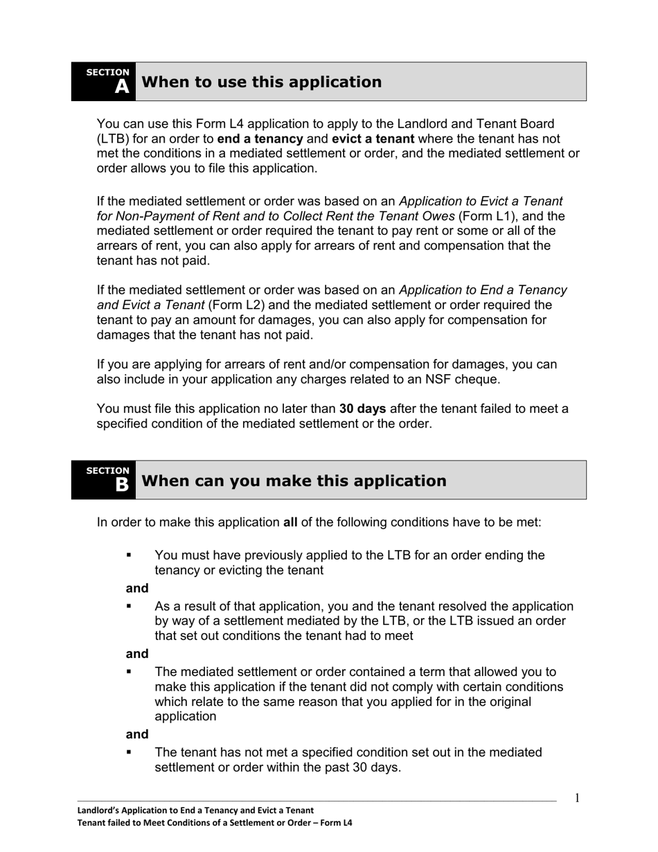 Instructions for Form L4 Landlords Application to End a Tenancy and Evict a Tenant - Tenant Failed to Meet Conditions of a Settlement or Order - Ontario, Canada, Page 2