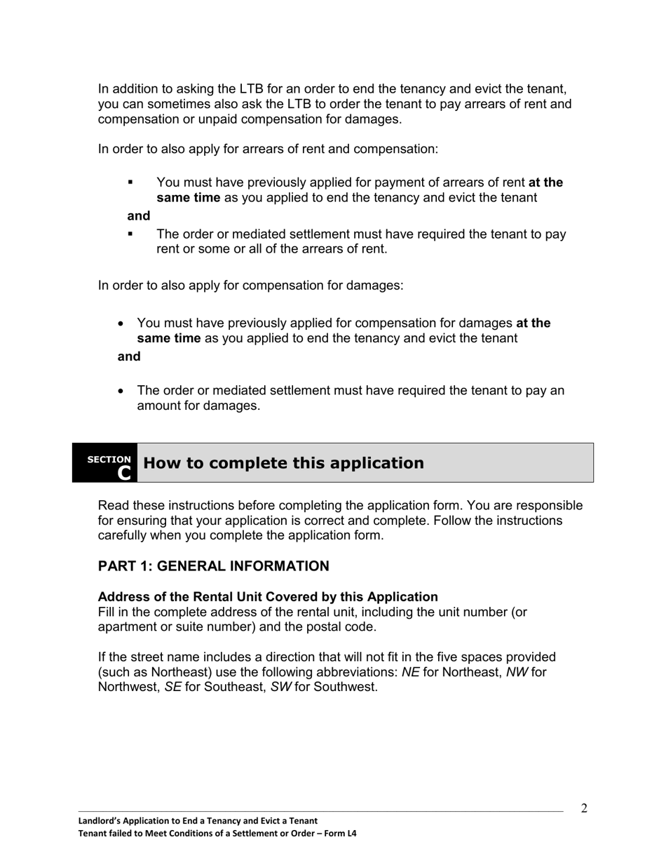 Instructions for Form L4 Landlords Application to End a Tenancy and Evict a Tenant - Tenant Failed to Meet Conditions of a Settlement or Order - Ontario, Canada, Page 3