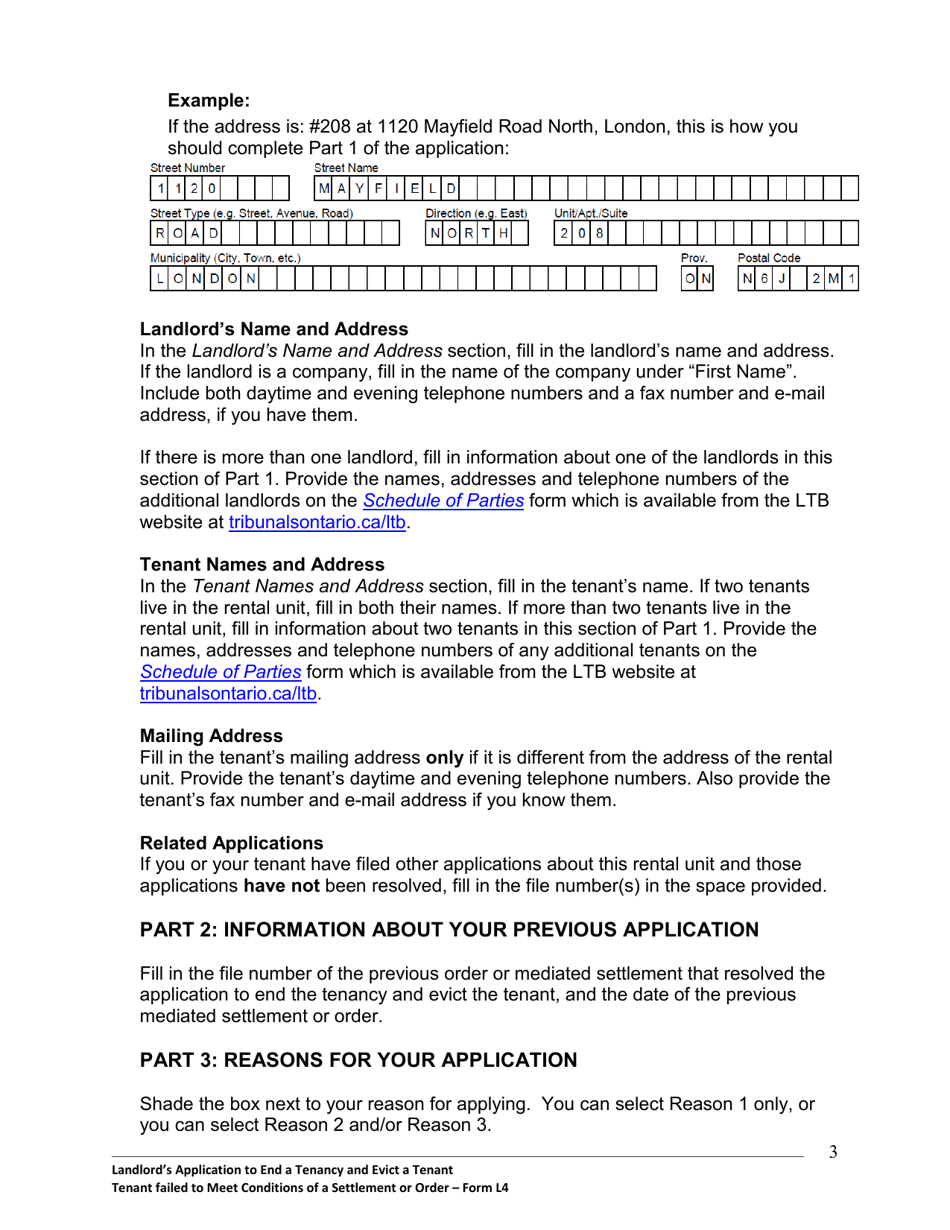 Instructions for Form L4 Landlords Application to End a Tenancy and Evict a Tenant - Tenant Failed to Meet Conditions of a Settlement or Order - Ontario, Canada, Page 4