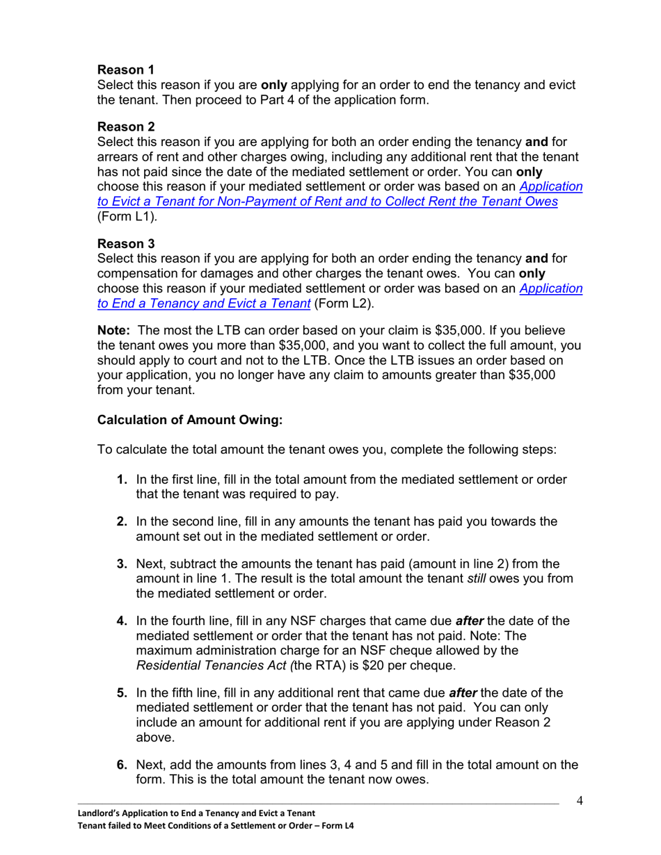 Instructions for Form L4 Landlords Application to End a Tenancy and Evict a Tenant - Tenant Failed to Meet Conditions of a Settlement or Order - Ontario, Canada, Page 5