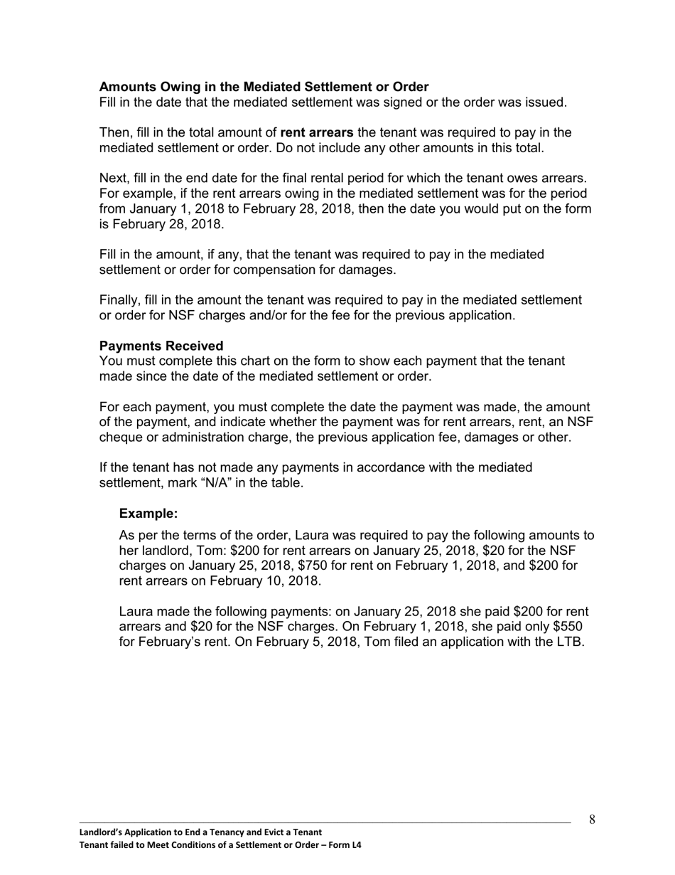 Instructions for Form L4 Landlords Application to End a Tenancy and Evict a Tenant - Tenant Failed to Meet Conditions of a Settlement or Order - Ontario, Canada, Page 9