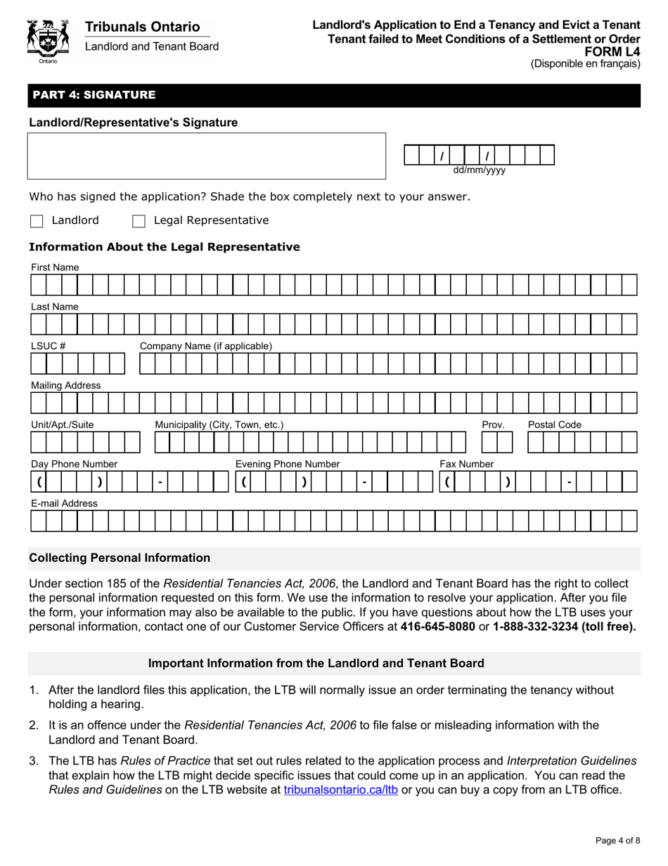 Form L4 Landlords Application to End a Tenancy and Evict a Tenant - Tenant Failed to Meet Conditions of a Settlement or Order - Ontario, Canada, Page 5