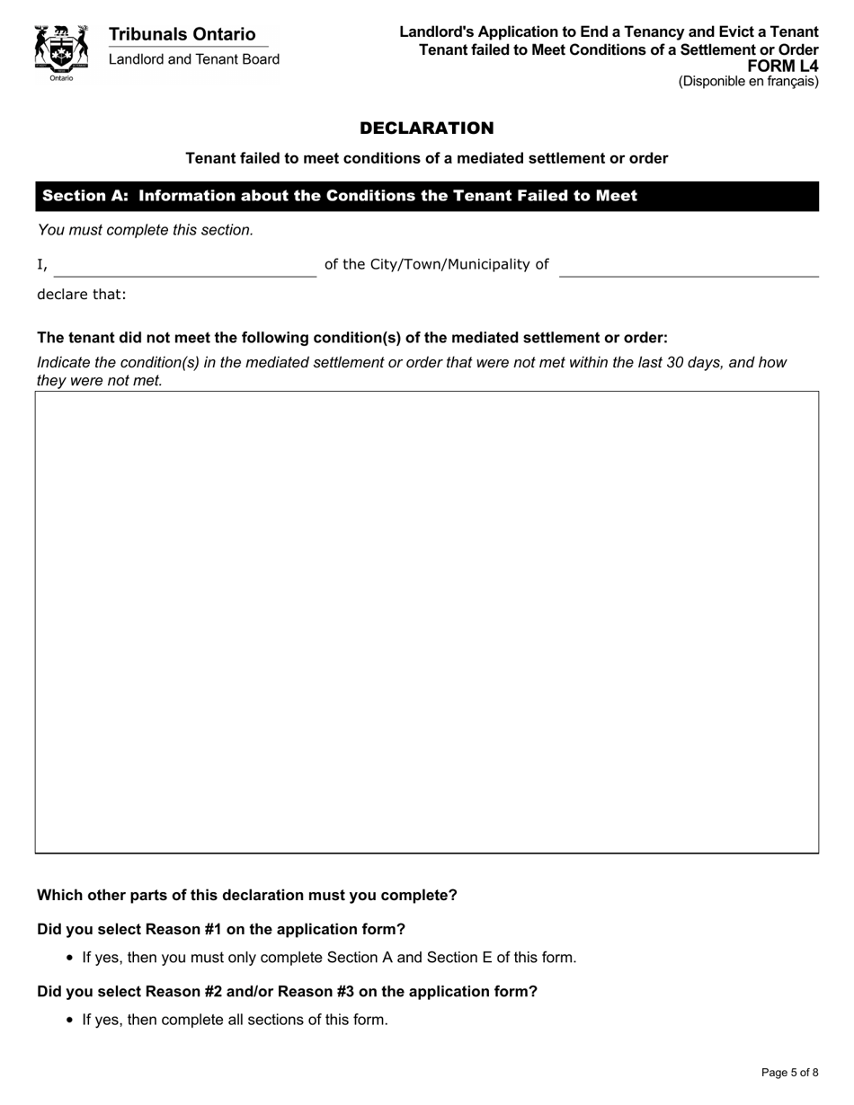 Form L4 Landlords Application to End a Tenancy and Evict a Tenant - Tenant Failed to Meet Conditions of a Settlement or Order - Ontario, Canada, Page 6