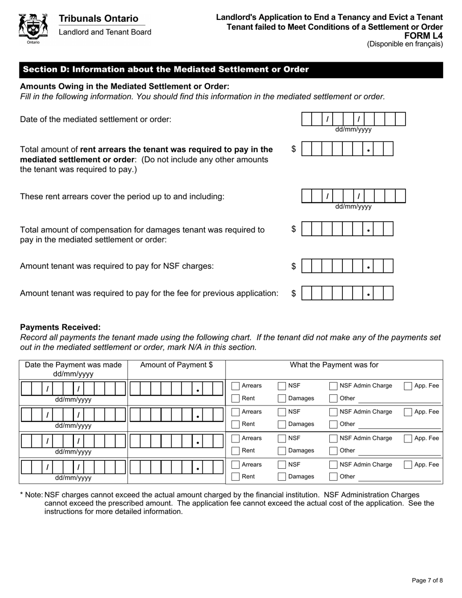 Form L4 Landlords Application to End a Tenancy and Evict a Tenant - Tenant Failed to Meet Conditions of a Settlement or Order - Ontario, Canada, Page 8