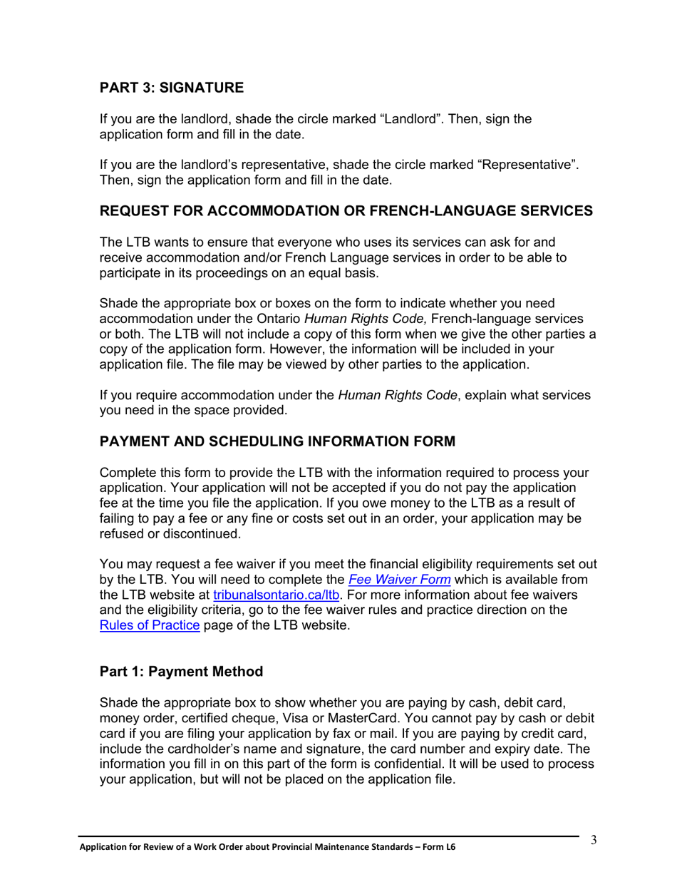 Instructions for Form L6 Application for Review of a Work Order About Provincial Maintenance Standards - Ontario, Canada, Page 4