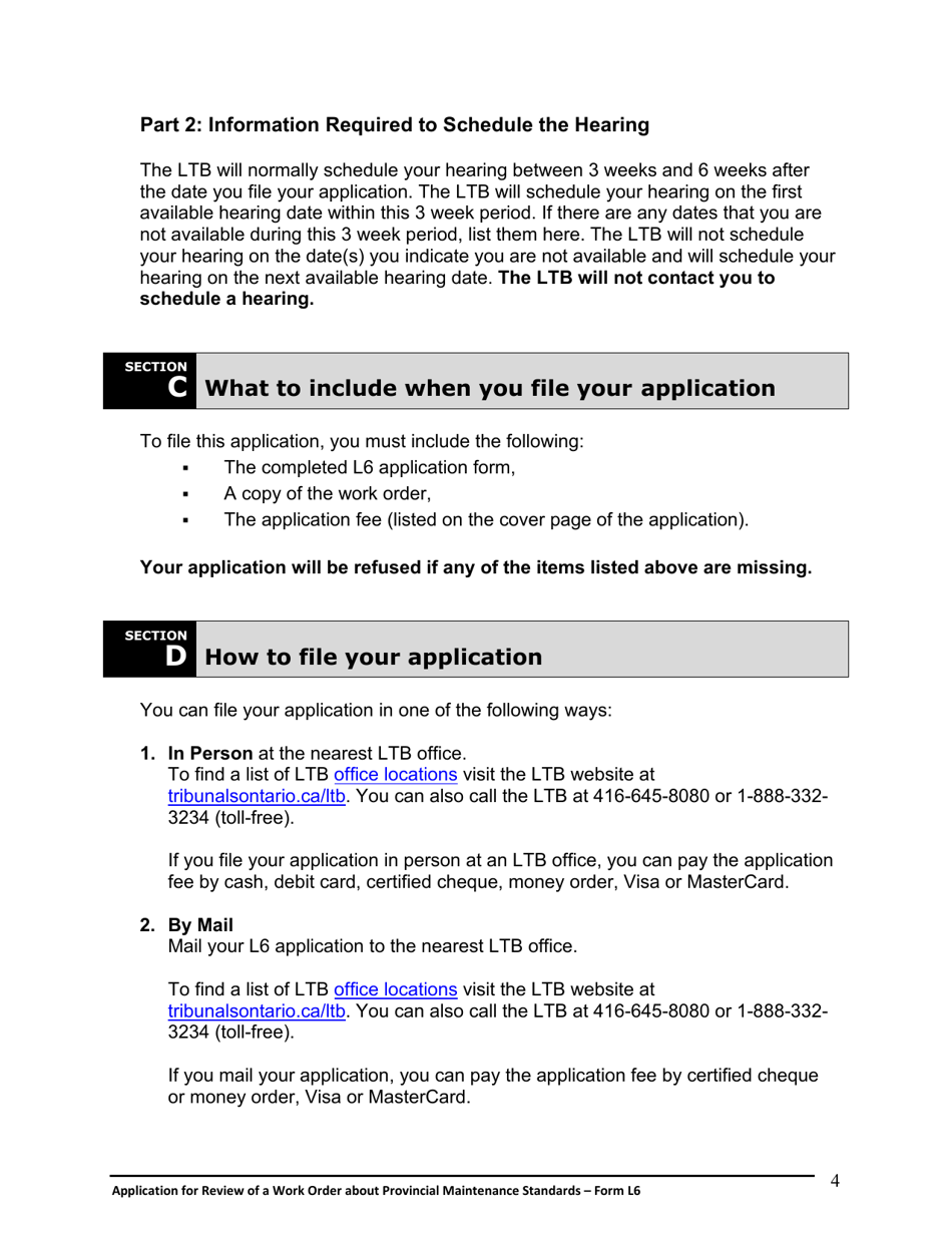 Instructions for Form L6 Application for Review of a Work Order About Provincial Maintenance Standards - Ontario, Canada, Page 5
