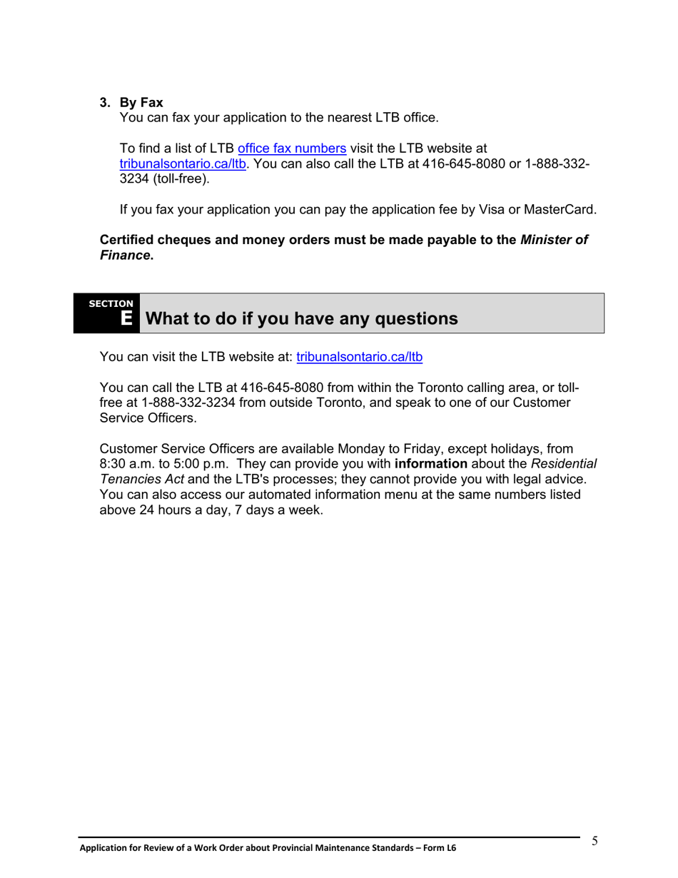 Instructions for Form L6 Application for Review of a Work Order About Provincial Maintenance Standards - Ontario, Canada, Page 6