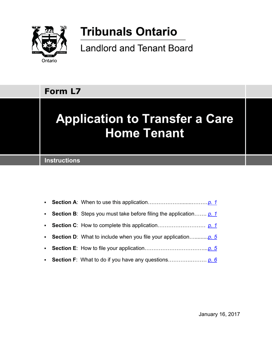 Instructions for Form L7 Application to Transfer a Care Home Tenant - Ontario, Canada, Page 1