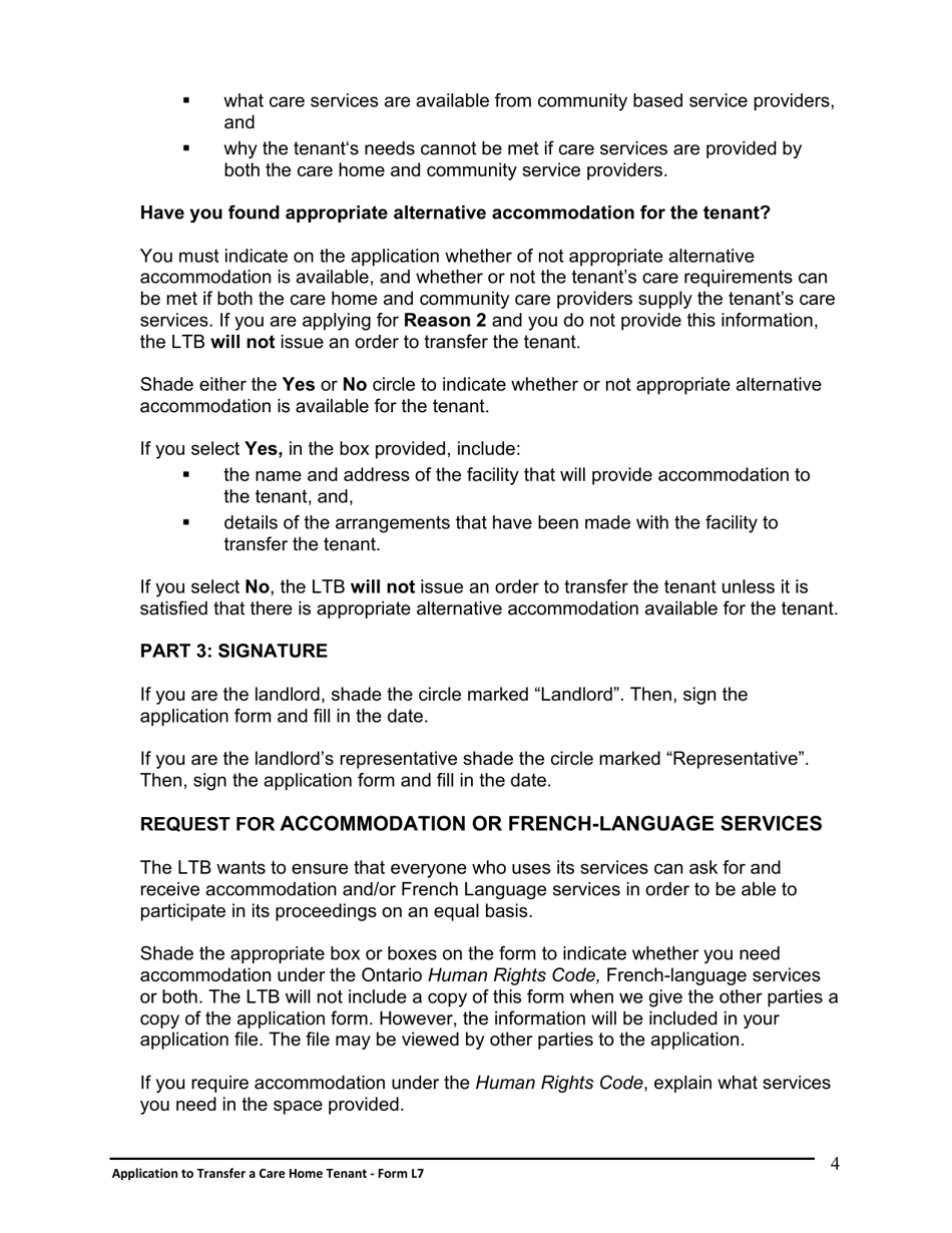 Instructions for Form L7 Application to Transfer a Care Home Tenant - Ontario, Canada, Page 5
