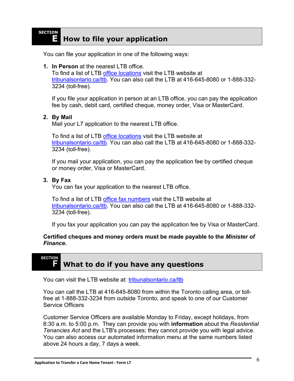 Instructions for Form L7 Application to Transfer a Care Home Tenant - Ontario, Canada, Page 7