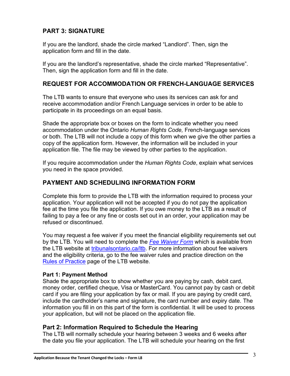 Instructions for Form L8 Application Because the Tenant Changed the Locks - Ontario, Canada, Page 4
