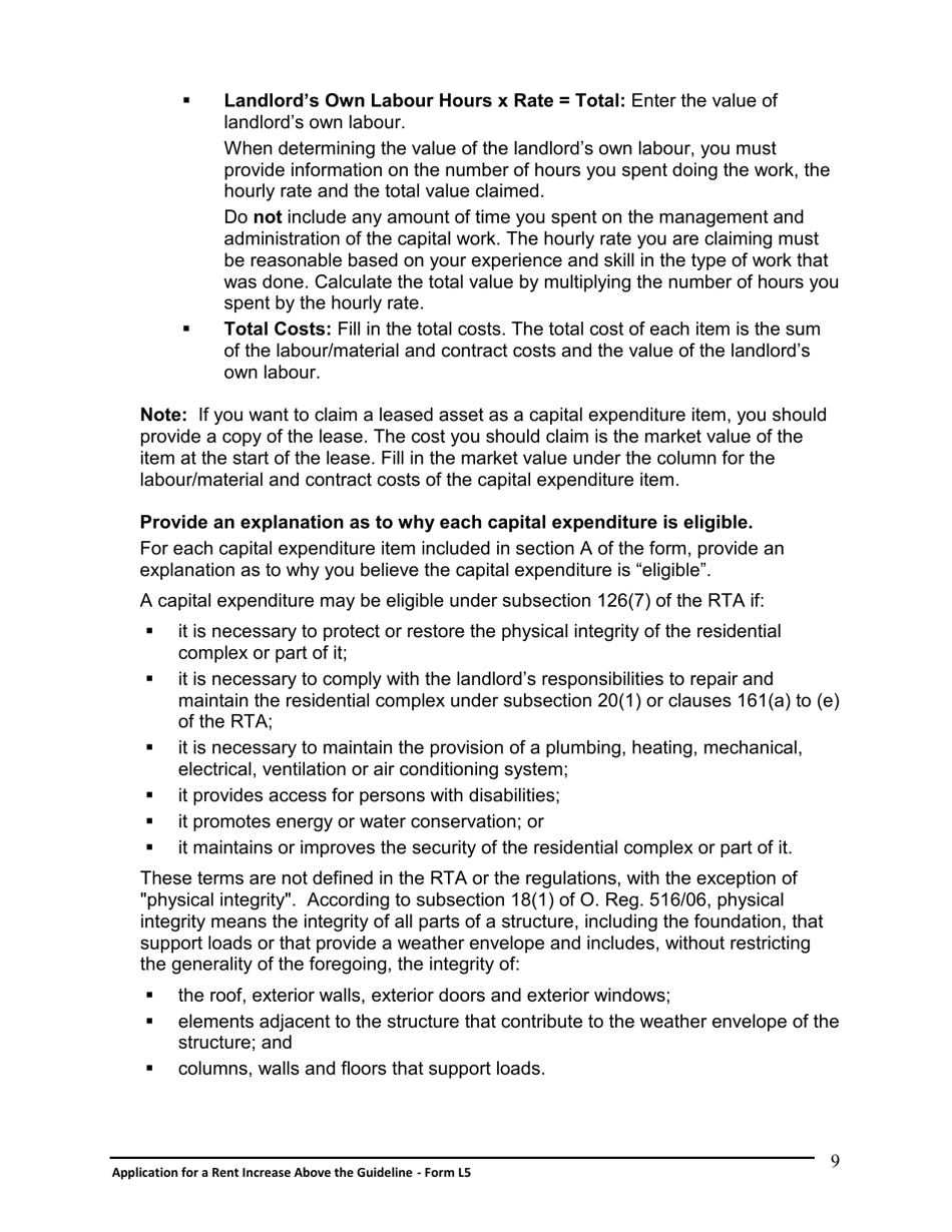 Instructions for Form L5 Application for a Rent Increase Above the Guideline - Ontario, Canada, Page 10