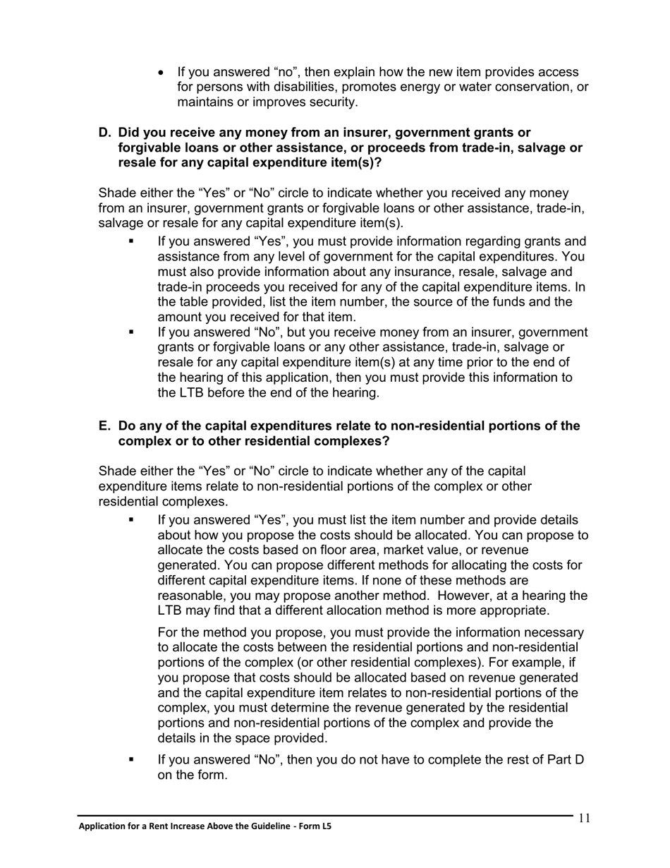 Instructions for Form L5 Application for a Rent Increase Above the Guideline - Ontario, Canada, Page 12