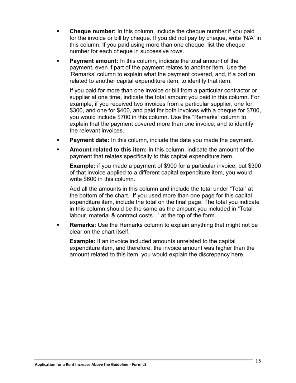 Instructions for Form L5 Application for a Rent Increase Above the Guideline - Ontario, Canada, Page 16