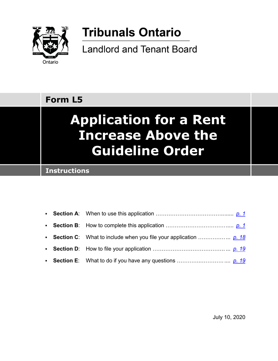 Instructions for Form L5 Application for a Rent Increase Above the Guideline - Ontario, Canada, Page 1